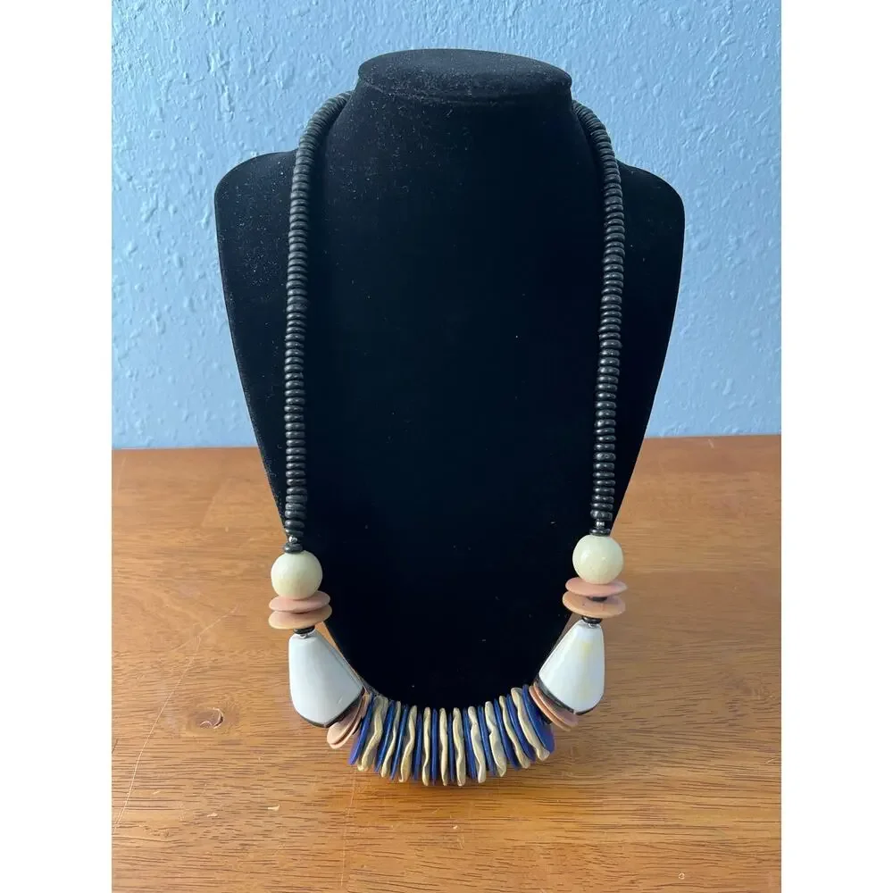VTG Chunky Beaded Necklace Tribal Boho Disc Beads Statement Artisan